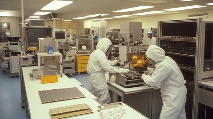 Poster - scientists in protective gear working on advanced laboratory equipment in a clean room during a rese