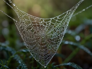 Wall Mural - Intricate spider webs with morning dew.