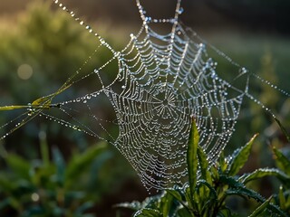 Intricate spider webs with morning dew.