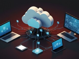 Wall Mural - Isometric cloud computing illustration with multiple devices connected to a server.