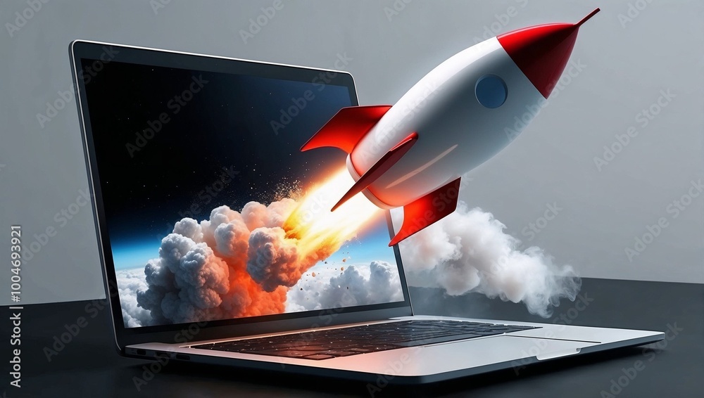 Image of a laptop with a rocket launching from its screen, Technology ...