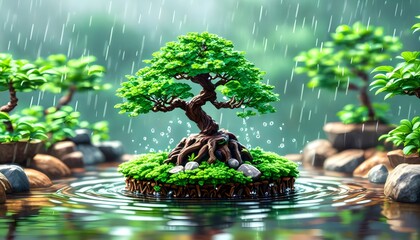 Wall Mural - Refreshing bonsai tree in a water-filled pot adorned with raindrops, highlighting natures beauty and growth amidst a rainy spring garden landscape