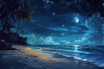 Wall Mural - A beautiful beach scene with a large moon and stars in the sky, generative ai image