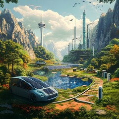 Poster - sustainable energy landscapes featuring renewable power sources such as solar panels and wind turbin