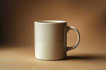 A white coffee cup sits on a table