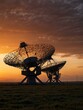 © Kasper - Large radio telescope silhouetted against a sunset.