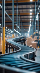 Poster - conveyor belt system winding through a large warehouse filled with boxes during the day