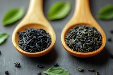 Two spoons filled with different colored tea leaves