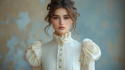 Wall Mural - Portrait of a young woman with elegant hairstyle and white vintage clothing