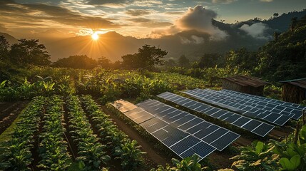 Wall Mural - ecofriendly farming innovation using solar panels for crop growth and renewable energy generation creating a sustainable farming model for modern agricultural production