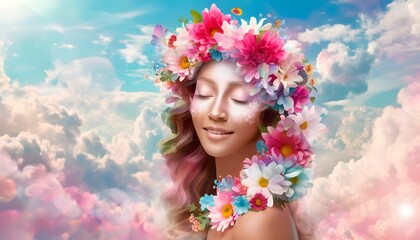 Wall Mural - Elegant portrait of a beautiful young woman adorned with a floral crown, showcasing natural makeup and a fashionable hairstyle, embodying springtime beauty and bridal grace.