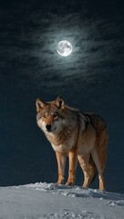 Wall Mural - Lone wolf on snow-covered hill under a full moon.