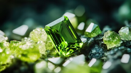 Poster - A striking peridot gemstone showcases its vibrant green color as it catches soft light, surrounded by various raw crystals, creating a captivating display of nature's artistry