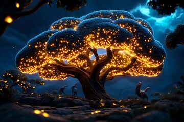 Poster - A fantasy jungle habitat with mythical animals, where the trees glow with otherworldly light, and enchanted creatures roam