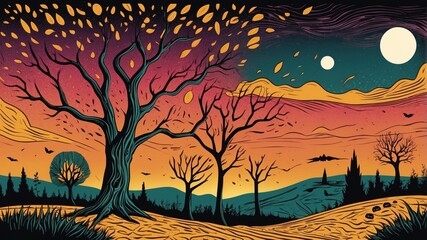 Poster - Unusual autumn hills and above them the moon, style sketch