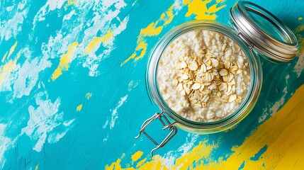 Oatmeal in a glass jar with a metal lid, set against a bold neon blue and yellow abstract backdrop