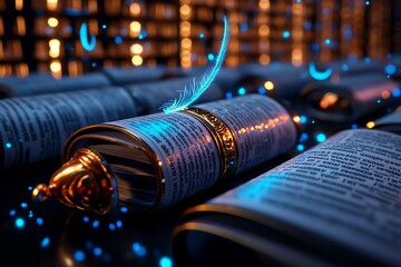 Poster - A fantasy library filled with scrolls of yesterdayâ€™s news, where magical quills float and record the dayâ€™s events, glowing with ethereal light
