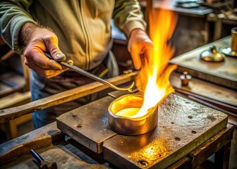 goldsmith melting gold to liquid state in crucible with gasoline burner.