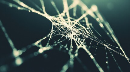 A spider web catches soft light, displaying its intricate design with fine silken threads against a shadowy backdrop