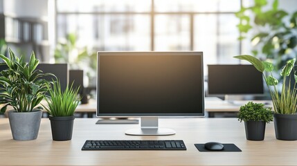 Poster - A contemporary office area features a sleek computer setup with a keyboard and mouse surrounded by lush indoor plants, creating a vibrant, refreshing atmosphere