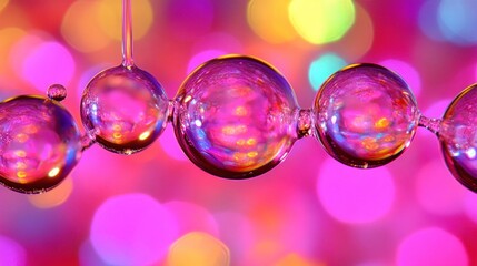 Poster - A series of translucent bubbles are suspended in a line, reflecting vibrant pink and purple hues from the blurred background, evoking a sense of wonder and imagination
