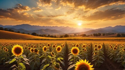 Poster - Sunflower field at sunset in summer.