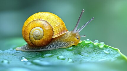 A snail with a bright yellow shell moves gently across a leaf adorned with droplets, showcasing nature's beauty