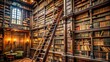 © Sandra - Rusted metal ladders lean against towering shelves, densely packed with worn, richly colored leatherbound tomes, surrounded by ornate wooden paneling and dimly lit atmosphere.
