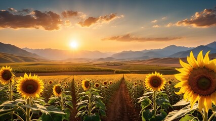 Wall Mural - Sunflower field at sunset in summer.