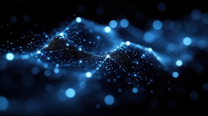 Poster - Vibrant blue light patterns with glowing dots on a dark background, evoking a digital wave