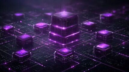 Fototapete - Glowing purple data blocks connect on a circuit board, illustrating a vibrant digital network concept