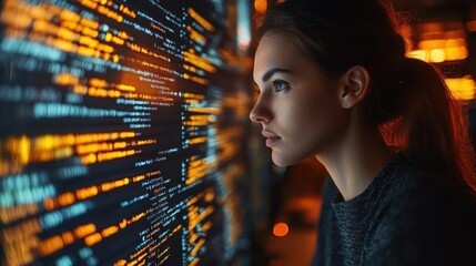 Poster - A woman intensely studies lines of code on a bright screen while working late at night in a dark environment