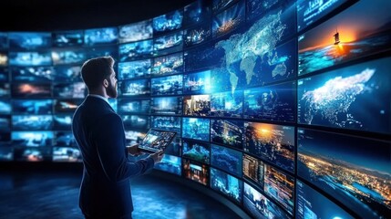 Poster - A business professional stands in a modern office, analyzing global data on multiple digital screens that showcase dynamic maps and visualizations, illuminated by evening light