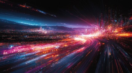 Poster - The city skyline glows with vibrant lights as colorful streaks suggest high-speed motion through the night