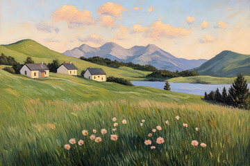 Sunlit Countryside Cottages Overlooking Lake and Mountains at Sunset