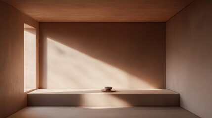 Poster - This tranquil interior showcases a minimalist design with warm tones and soft sunlight illuminating a ceramic bowl on a smooth pedestal, creating a serene atmosphere