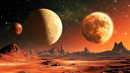 Wall Mural - an otherworldly landscape showcases several planets and moons in vibrant colors, surrounded by rocky