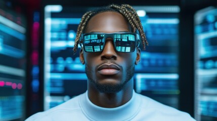 Poster - The individual showcases advanced sunglasses with digital interfaces while standing in a captivating environment filled with data screens, highlighting innovation in technology