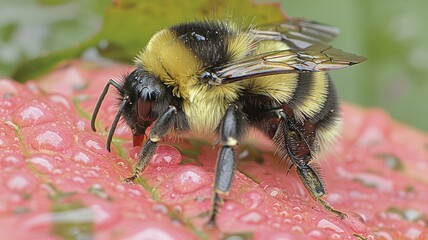 female bee Halictus sp pollinating and feeding on yellow yarrow flowers.