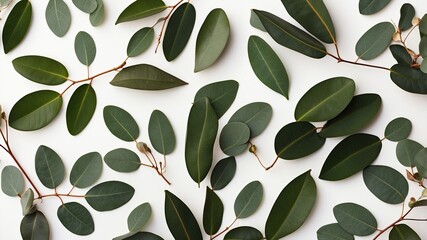 Wall Mural - The workspace is decorated with green eucalyptus populus leaves on a white background. The apartment lay, top view. Floral frame. Frame of flowers.