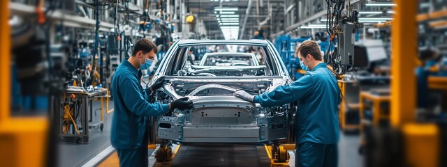Poster - workers assembling car frames in a modern automobile factory during daylight hours in a bustling ind
