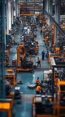 Poster - workers engaged in assembly and manufacturing within a large industrial facility during daylight hou