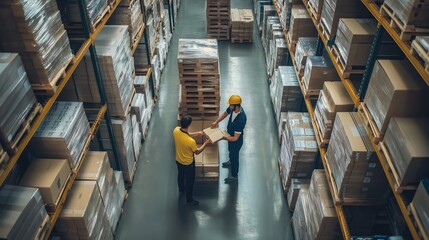 Poster - two warehouse workers handling boxes in a busy storage facility during daytime operations highlighti