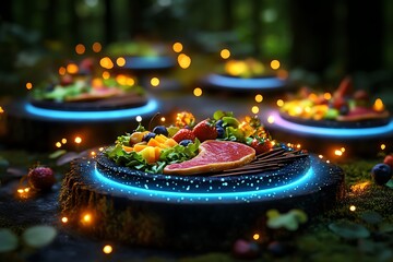 Poster - A fantasy weight loss feast set in an enchanted forest, with glowing plates of healthy food like fruit, salad, and grilled meats, surrounded by magical creatures