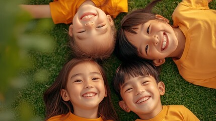 Four happy children lying on green grass, smiling and enjoying a sunny day.