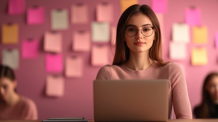 Focused young woman working on a laptop in a creative workspace with colorful notes.