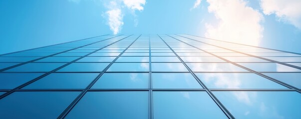 Modern skyscraper under blue sky, glass facade reflecting sunlight.