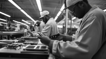 Poster - workers engaged in electronic assembly in a manufacturing facility during daylight hours