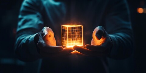 Canvas Print - A glowing cube rests in hands, symbolizing innovation and technology. The image captures a futuristic essence with a dark background. It evokes curiosity and wonder. AI