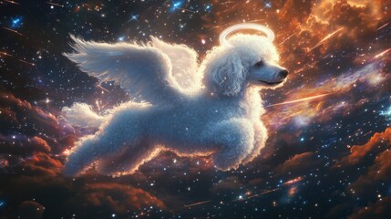 Poster - A fluffy dog, adorned with angel wings and a halo, gracefully flies through a vibrant cosmic backdrop featuring swirling clouds and shining stars, creating a whimsical and serene atmosphere.